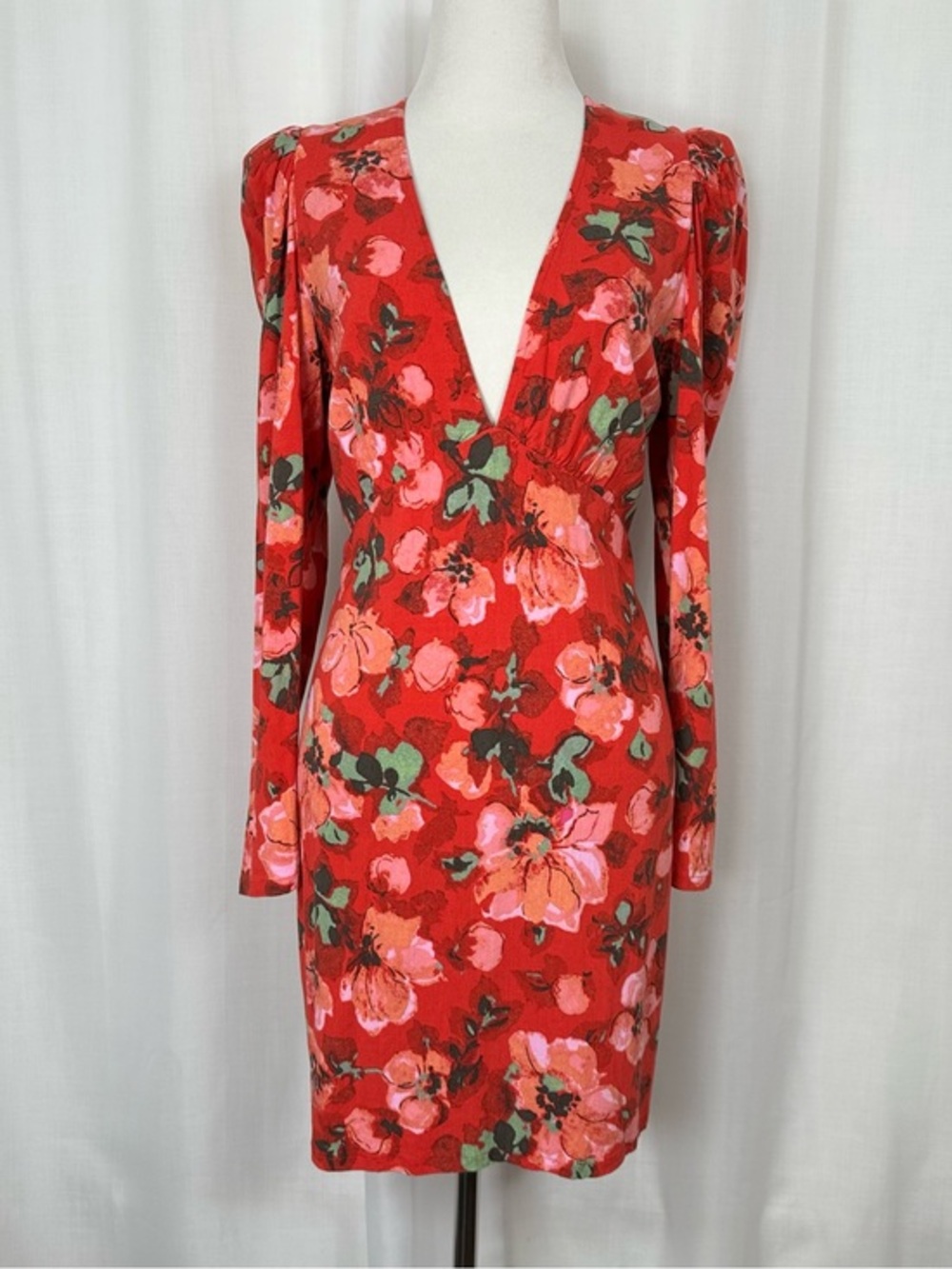 H&M Red Floral Puff Sleeve‎ Mini Dress Medium Deep V-Neck Retro 80s Empire Waist
